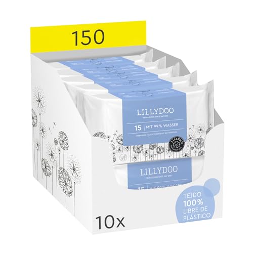 Toallitas húmedas para bebés LILLYDOO con un 99% de agua, 10 paquetes de 15 (150 toallitas), toallitas 100% libres de plástico sin perfumes y tan suave como el algodón y el agua