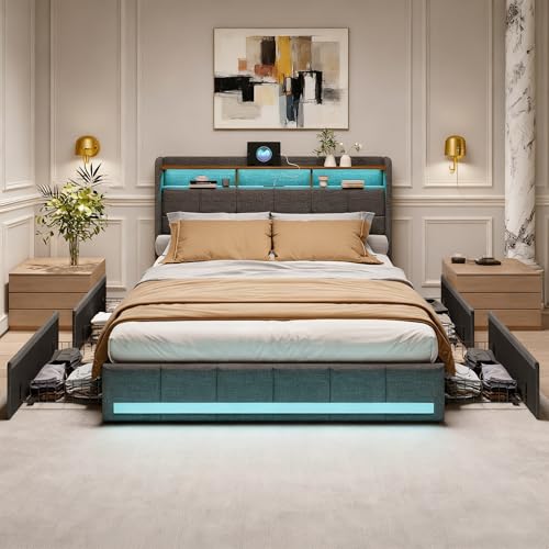 BRYXR Boxspringbett 140x200 mit Lattenrost,Stilvolles Polsterbett mit Stauraum, 4 Schubladen, Individueller LED-Beleuchtung, USB und Typ-C-Anschlüssen, Modernes Graues Design für optimalen Komfort BRYXR Boxspringbett 140x200 mit Lattenrost,Stilvolles Polsterbett mit Stauraum, 4 Schubladen, Individueller LED-Beleuchtung, USB und Typ-C-Anschlüssen, Modernes Graues Design für optimalen Komfort