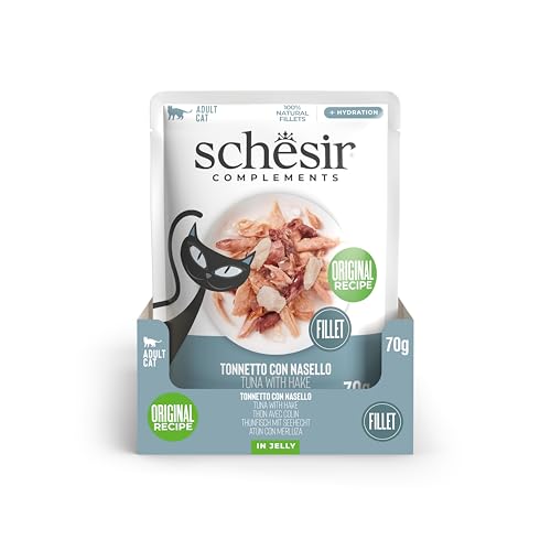 Schesir, Thunfischfilets mit Seehecht in Gelee, ergänzendes Nassfutter für Katzen, Originalrezept, 100% natürlich, 12 Beutel à 70 g