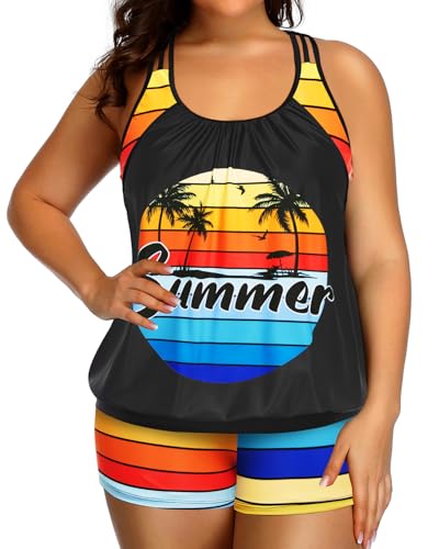 Image of Womens Plus Size Tankini Swimsuit Two Piece Tummy Control Bathing Suit | Blouson Racerback Tankini Top with Shorts, Double Up Design, Removable Pad