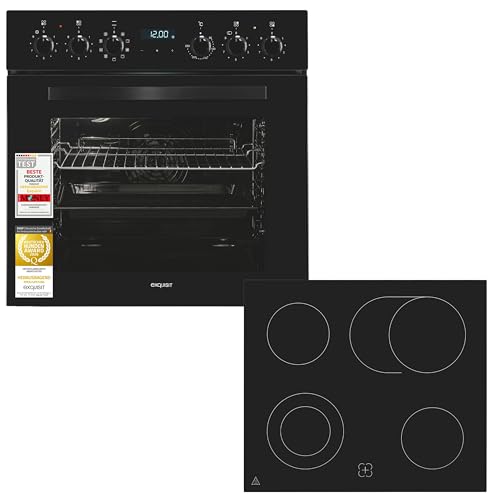 Exquisit Herd-Set schwarz | Einbauherd mit Umluft, Grill & Pizzastufe, Glaskeramikkochfeld | 75 l, Energieklasse A, 50–250°C | 4 Strahlungskochzonen inkl. Bräterzone | Timer, 9800 W | EHE5285-HBZ-020