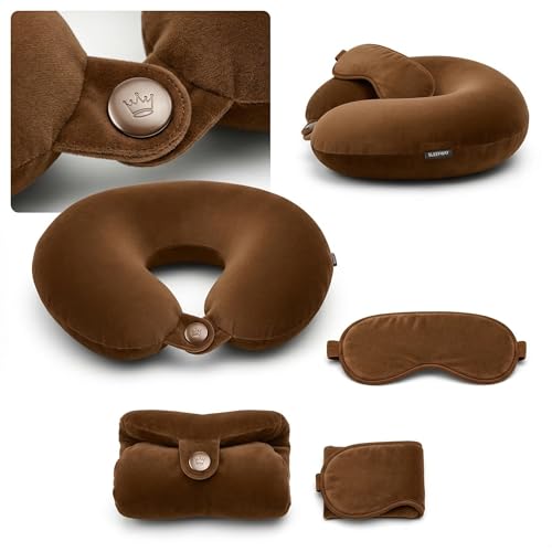 Image of Travel Neck Pillow for Adults, Fiber Filled U-Shaped Neck Support Pillow with Button Closure, Soft Plush Neck Cushion for Airplane, Car, Office & Travel (Brown)