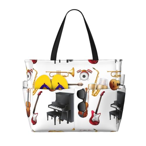 Grand sac à bandoulière saxophone et guitare, cabas de plage spacieux