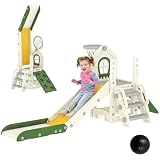 AIYAPLAY Kleinkinderrutsche, faltbares 4-in-1 Indoor-Spielset mit Kletterelement, Basketballkorb, Stauraum und Basketball, Spielplatz für Kinder von 1-3 Jahren, Cremeweiß