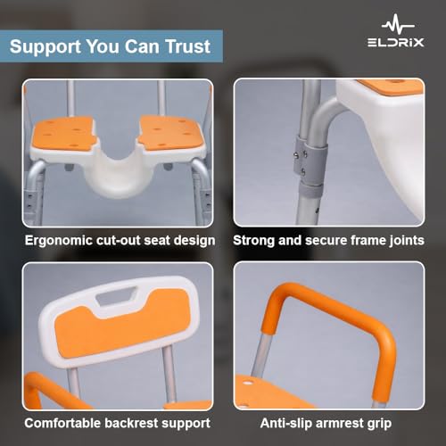 Image of Eldrix Commode Chair for Toilet Adult | Hygiene Cut-Out Shower Toilet Chair for Adults /Senior Citizen | Lightweight & Tool-Free Assembly (Orange)