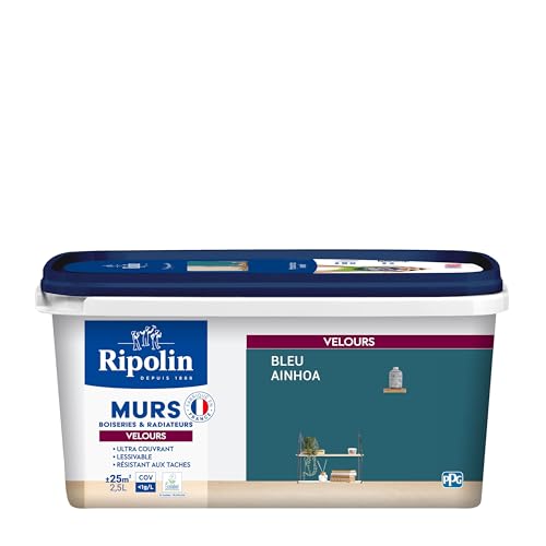 RIPOLIN - Peinture Intérieure Multi-Supports – Murs, Boiseries & Radiateurs – Ultra couvrante - Monocouche - Confort d'application - Aspect Velours - Bleu Ainhoa - 2,5L