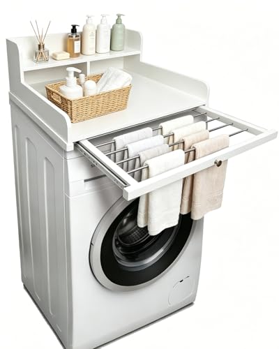 Plan de travail pour machine à laver avec porte-serviettes extensible, en bois, avec étagère à 2 niveaux, imperméable et avec protection des bords, pour...