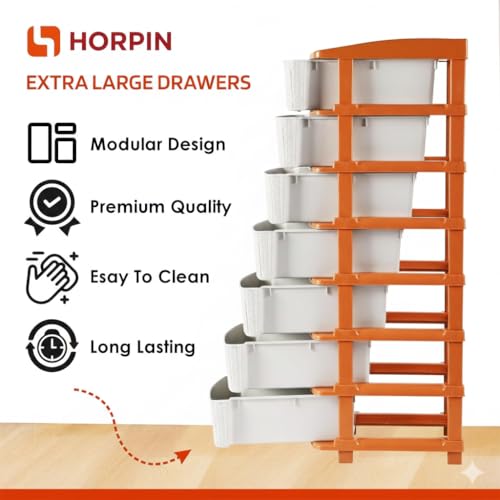 Image of HORPIN 7-Layer Plastic Drawer Storage Organiser | Modular Kitchen & Toy Organizer For Kids Room | Home, Office, Parlor, School, Doctors, Home And Kids | Brown & White (7XL Set)