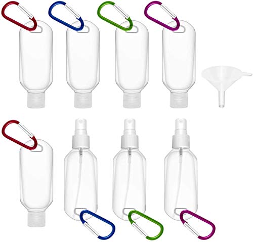 Tenlacum Botellas recargables de 50 ml mosquetón de viaje con clip de llavero portátil exprimidor de mano contenedores transparentes botellas vacías 8 piezas