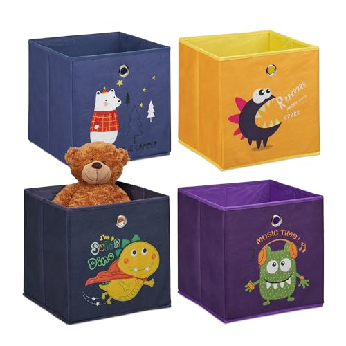 Relaxdays 4er Set Kinder Aufbewahrungsboxen, Tier- & Monstermotive, Faltbox...