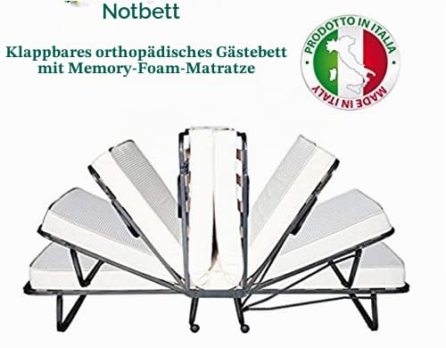 EVERGREENWEB Gästebett Klappbar mit Memoryschaum Matratze 80x190 Höhe 12 cm + Weiße Visco Kissen GRATIS Lattenrost aus Holz Stabiler Metall-Rahmen mit Rollen Platzsparend Klappbett 100% ITALIENISCH