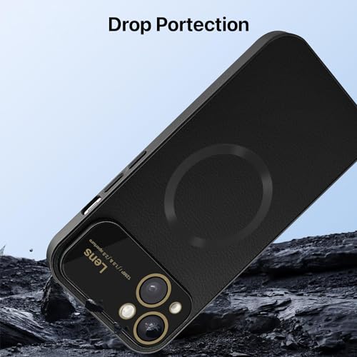 Image of Vaku Luxos Premium Polarized Leather Back Cover for iPhone 15 Plus Texture Full Lens Protection Silicon Case Scratch Resistant Slim Thin Compatible with Mag-Safe - Black