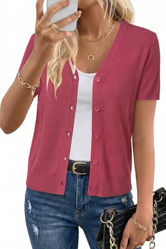 Image of Arach&Cloz Women's Wool Blend Short Sleeve Lightweight Cardigan Business Casual Summer Sweaters Tops
