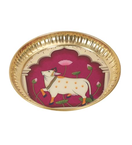 Image of Two Moustaches 6 Inches Kamdhenu Cow Design Brass Pooja Thali, Puja Aarti Thali for Home Temple, Gifts for Puja Ceremony, Brass Pooja Plate, Decorative Thali, Multicolored, Pack of 1