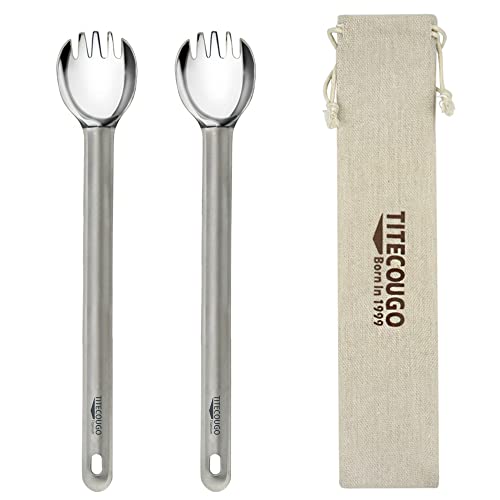 TITECOUGO Titanium Spork, Camping Long Spork Titanium Multitool Lightweight Camp Outdoors Hiking Travel Convenient Picnic Spoon Fork for Men Women Portable Flatware 2 pack