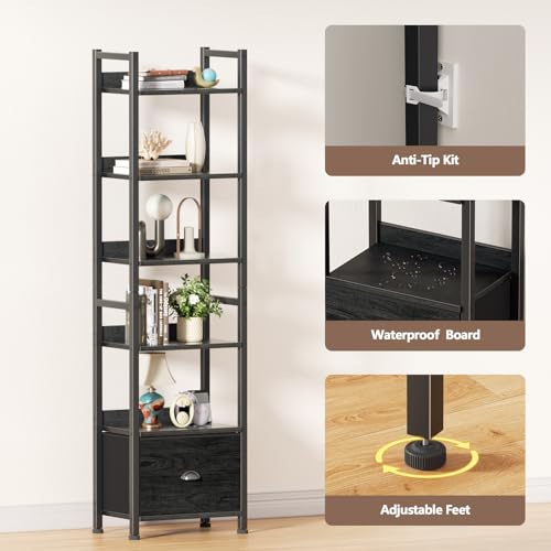 Image of Furologee Book Shelf Set of 2, 6 Tier Tall Shelf with Drawer, Bookshelves and Bookcases Set of 2, Industrial Display Shelving Unit for Bedroom, Living Room, Home Office, Black Oak