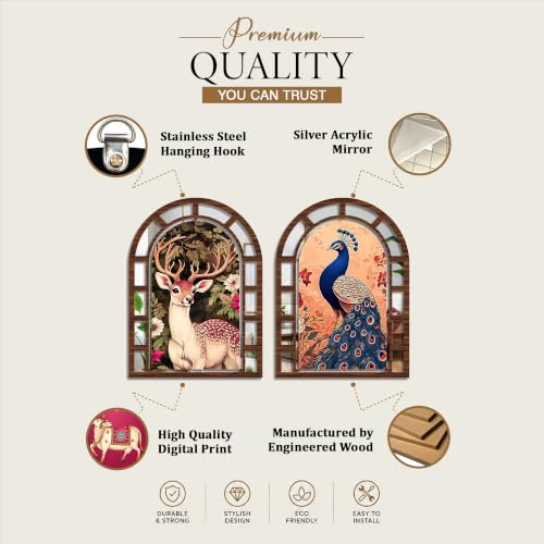 Image of Artvibes Royal Peacock & Deer Forest Theme Artistic Wall Decor | Jharokha Mirror Wall Hanging for Living Room, Hall, Bedroom, Dining Room, Foyer & Entranc | Gift (WHJ 12042N), Set of 2