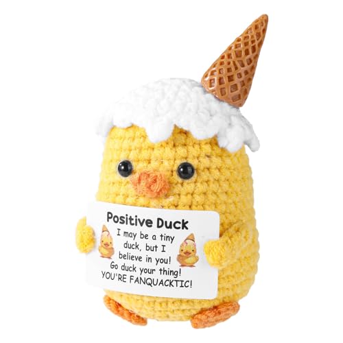 Positive Pocket Ice Cream Duck Doll, Funny Emotional Support Knitted Duck Toy with Positive Card, Woolen Crochet, Cheer Up Graduation Gift, Encouragement for Friends