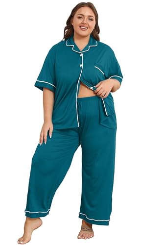 Image of Vozanet Women's Plus Size Pajamas Button Down Shirt and Pants Soft Lounge Sets Bride Nighty Bottom with Pockets 1x to 5x