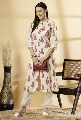Image of Pistaa's Women's Cotton Regular Fit A Line Regular A-Line Printed Cutwork Sleeve Kurta