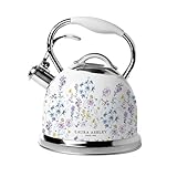 VQ Laura Ashley Wild Meadow 2.5L Stainless Steel Tea Kettle Stovetop Whistling Teapot for Induction, Gas Hob or others. Silicon Coated Cool Handle & Push Button Mechanism Vintage Stove Top Kettle