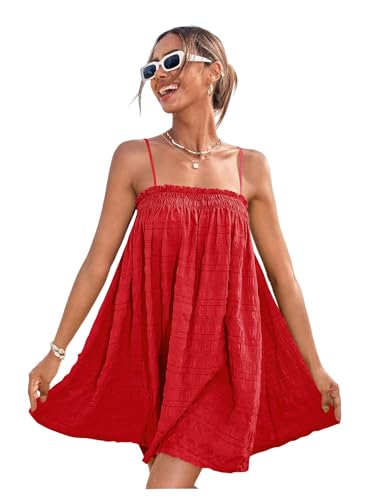 Image of MakeMeChic Women's Babydoll Dress Sleeveless Swing Shirred Mini Dresses | Beach, Summer, Sundress, Ruffle, Casual Dress, Flowy Dress