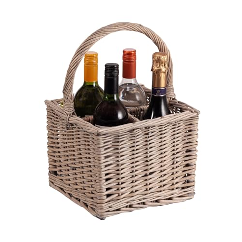 woodluv Square Willow Bottle Holder Basket with Carry Handle - 4 Section Wine & Drink Holder for Picnics, Parties, Grey
