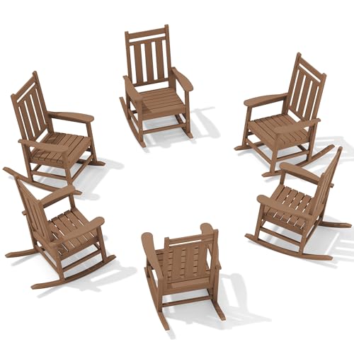 Image of KINGYES Oversized Outdoor Rocking Chair Set of 6, HDPE Patio Rockers, Brown