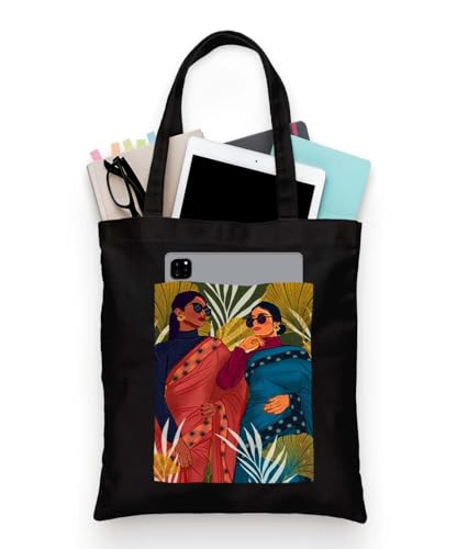 Image of ZORI Black Tote Bag With Pocket Printed Designed Canvas Tote Bags For Women large capacity,Tote bag For Shopping, College, Travel, More Canvas Handbag For Unisex Bag