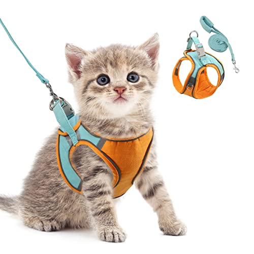 ORIA Pet Harness, Dog Harness, Cat Harness and Leash Set, Breathable Pet Vest, Reflective Strips Jacket for Small Kitten, Puppy, Rabbit, Orange and Blue, 4.4 to 6.6lb