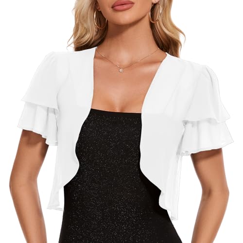 Atxnn Boléro Femme en Mousseline Cardigan Court Chic et Elegant Veste Devant Ouvert pour Mariage Robes Gilet D'été Léger Mode Bolero Tops, Blanc M