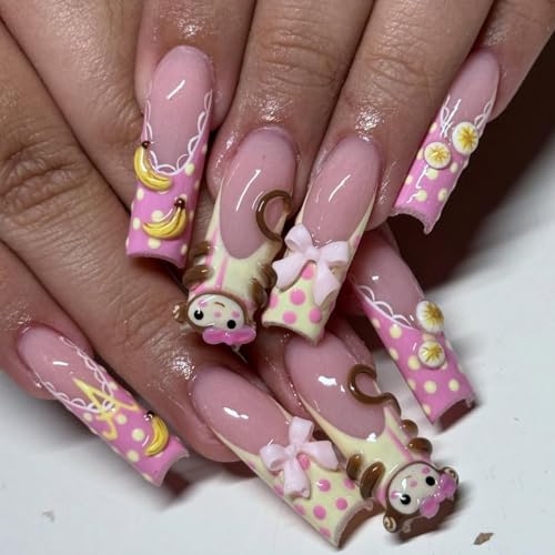 Monkey Banana 3D Press On Set, Long Coffin Shape with Bow and Fruit Design, Handmade Cute Pink Fake Nails