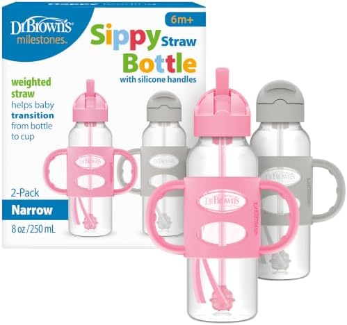 Dr. Brown's Narrow Sippy Straw Bottle with Handles, Gray & Pink, 2-Pack