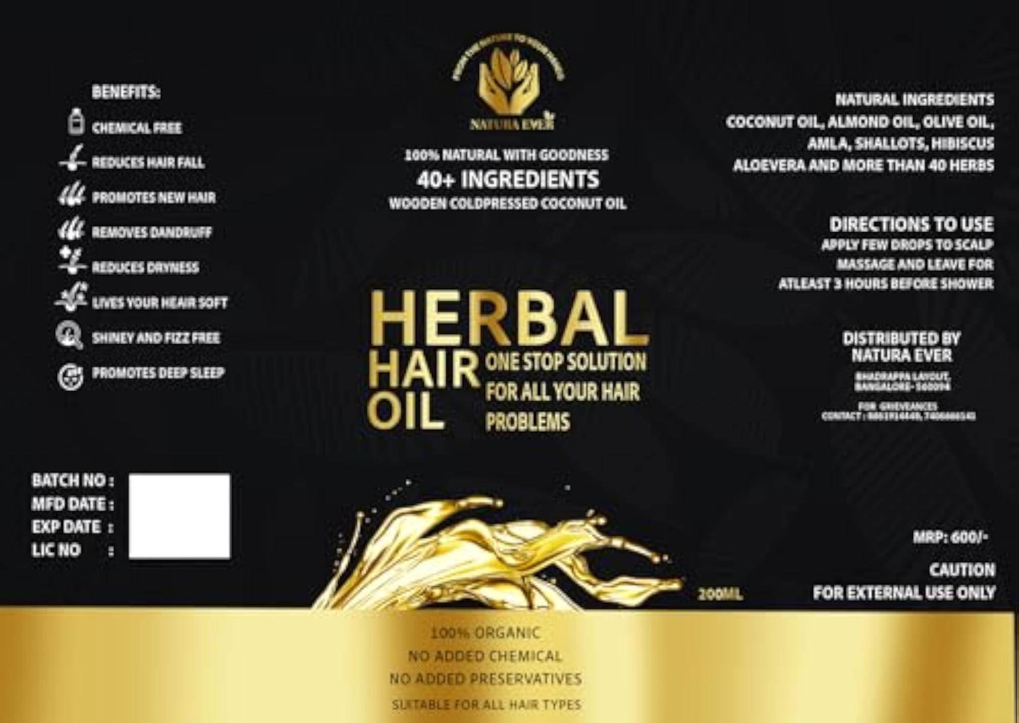 HERBAL HAIR OIL - 200ml, Organic Anti-Hair Fall Solution