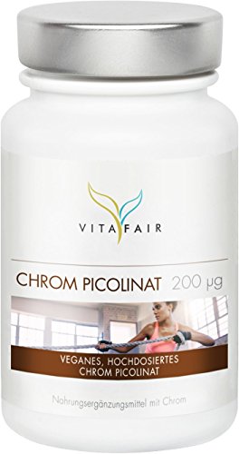 VITAFAIR Chrom Picolinat Kapseln, German Quality - 200?g Chrompicolinat pro Tagesdosis, 120 Chrom Kapseln hochdosiert (500% Tagesbedarf), 100% vegan & ohne Zusatzstoffe