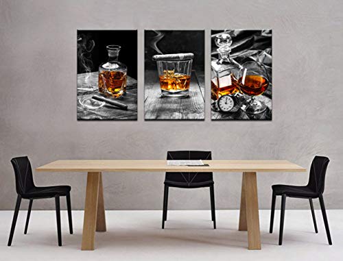 Sechars - Large 3 Piece Canvas Prints Wall Art Cigar Whisky Pictures Canvas Art Liquor Still Life Painting Giclee Print On Canvas Framed Modern Kitchen Pub Western Wall Decor - 72"X36"Overal #TOP2