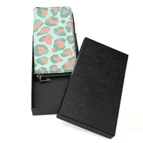 Pastel Mint Green Leopard Print Peach PU Leather Clutch Long Bifold Wallet, Coin Purse Credit Pass Case, Durable Card-Holder Money Storage for Women Men3