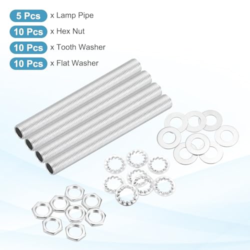 Image of MECCANIXITY 35Pcs 3.9 inch Lamp Pipe Nipples Kit with Hex Nuts Washers, M10 Fine Threaded Hollow Tube Repair Hardware Fasteners Assortment for Assembly Chandelier Ceiling Lamp DIY, Silver