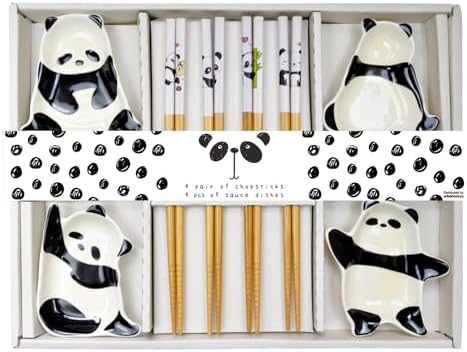 Urban Tokyo Panda Sauce Dish Set with Chopsticks, 4 Sauce Dishes and 4 Pairs of Wooden Chopsticks, Ceramic Panda Dish Set - Perfect for Sushi, Dipping, Appetizers image 5