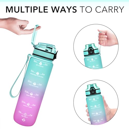 Image of HDPE 32oz Water Bottle with Straw, Time Marker & Fruit Strainer, Transparent Gradient Color Water Bottle with Times to Drink, Leakproof & BPA Free, Reusable Bottle with Strap, 907 ml