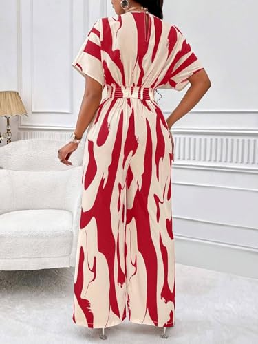 Image of PerZeal Women's V-Neck Short Sleeve Printed Jumpsuit with Pockets - Casual Wide Leg One-Piece Romper for Summer(S-XXL)