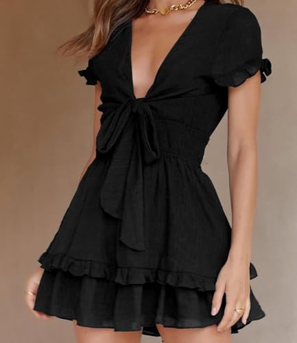 PRETTYGARDEN Women Summer Mini Short Dress 2025 Short Sleeve Casual Beach Vacation Sundress V Neck Tiered Sun Dresses