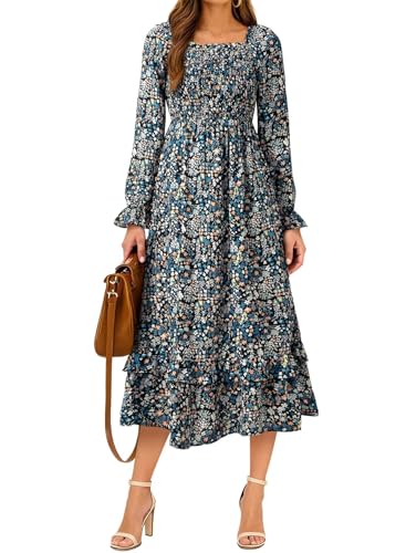 Image of Dokotoo Boho Dresses for Women 2025 Casual Floral Square Neck Long Sleeve Smocked Elastic Waist Tiered Ruffle Hem Maxi Dress