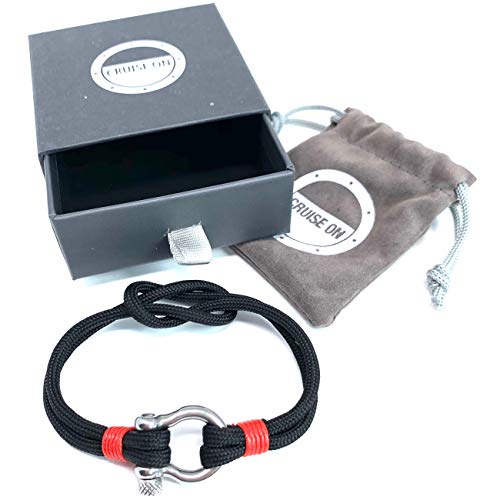 Cruise On Anchor Shackle Bracelet [Men] Thick Nylon Rope (Adjustable Knot) & Stainless Steel Mens Bracelets With Anchor Shackle Clasp [Black] #TOP5