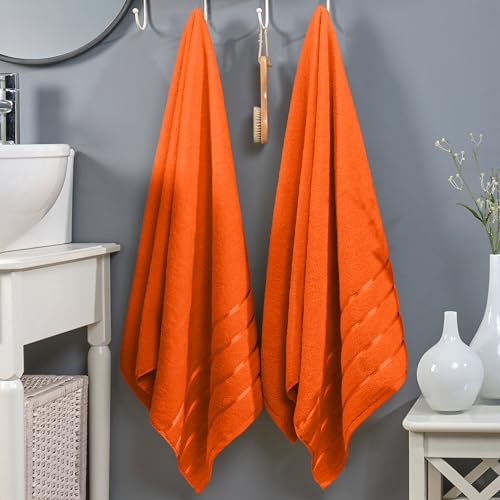 Image of Elegant Comfort 100% Turkish Cotton 4 Lines Viscose Stripe Luxury 2 Pack Bath Towel Set 27 x 54 Inch - Super Soft and Highly Absorbent Premium Hotel Spa Quality Towels for Bathroom Use, Orange