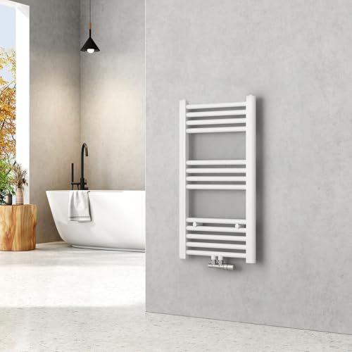 EMKE Radiador de Baño 75 x 40 cm, Toallero de Agua Caliente con Conexión Central, Calienta Toallas de Pared, Blanco, 244W,Toallero Baño,Instalación Sencilla