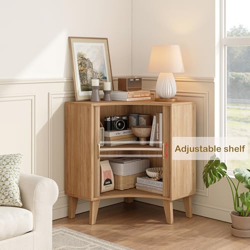 Image of Fluted Corner Cabinet, Small Corner Floor Cabinet with 2-Sliding Doors and Adjustable Shelves, Freestanding Narrow Organizer for Small Space,Living Room, Dining RoomBathroom.Natural