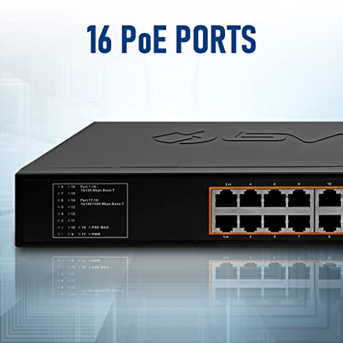 Bv-Tech 18 Ports Long Range Poe+ Switch (16 Poe+ Ports | 2 Gigabit Ethernet Uplink) - 19" Rackmount - 135W - 802.3Af/At -Desktop Design For Easy Set Up #TOP3
