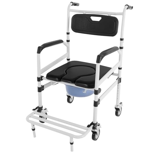 banborba Chaise de douche avec roulettes, hauteur réglable, pour personnes âgées, toilettes de douche, fauteuil roulant avec accoudoir, dossier et seau de toilette, capacité de charge de 100 kg