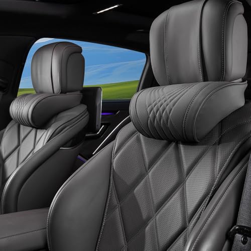 Dapucarin Car Headrest Memory Foam Neck Pillow for Driving with Genuine Nappa Leather Cover Soft Comfortable Seat Head Pillow Cushion for Most Cars SUV Sedan Home Office Black (2PC)